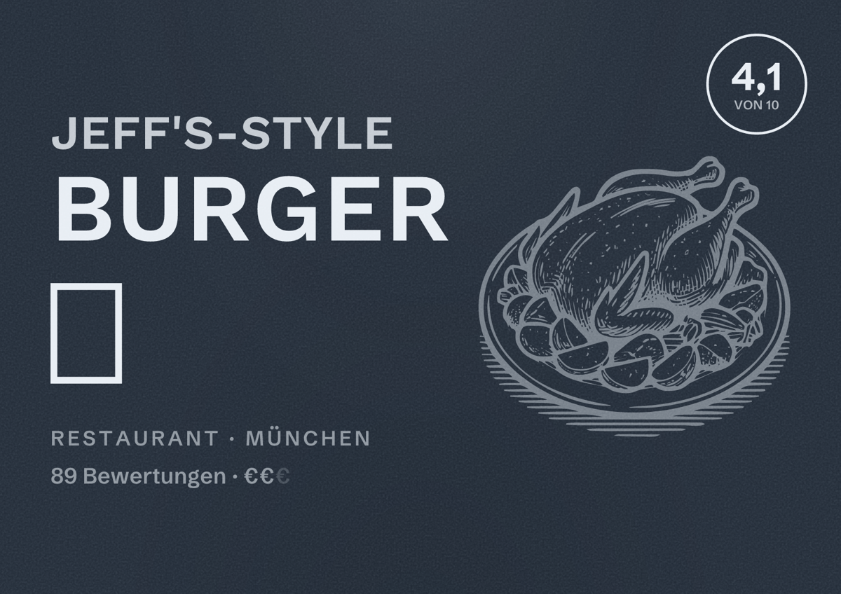 Illustriertes Poster von Jeff's-Style Burger 🍔, Restaurant in München: Bewertung 4,1 von 10 aus 89 Bewertungen, Preisniveau €€