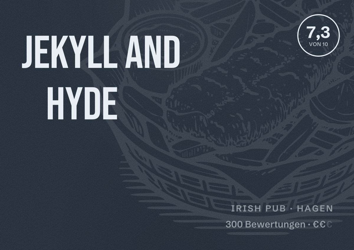 Illustriertes Poster von Jekyll and Hyde, Irish Pub in Hagen: Bewertung 7,3 von 10 aus 300 Bewertungen, Preisniveau €€
