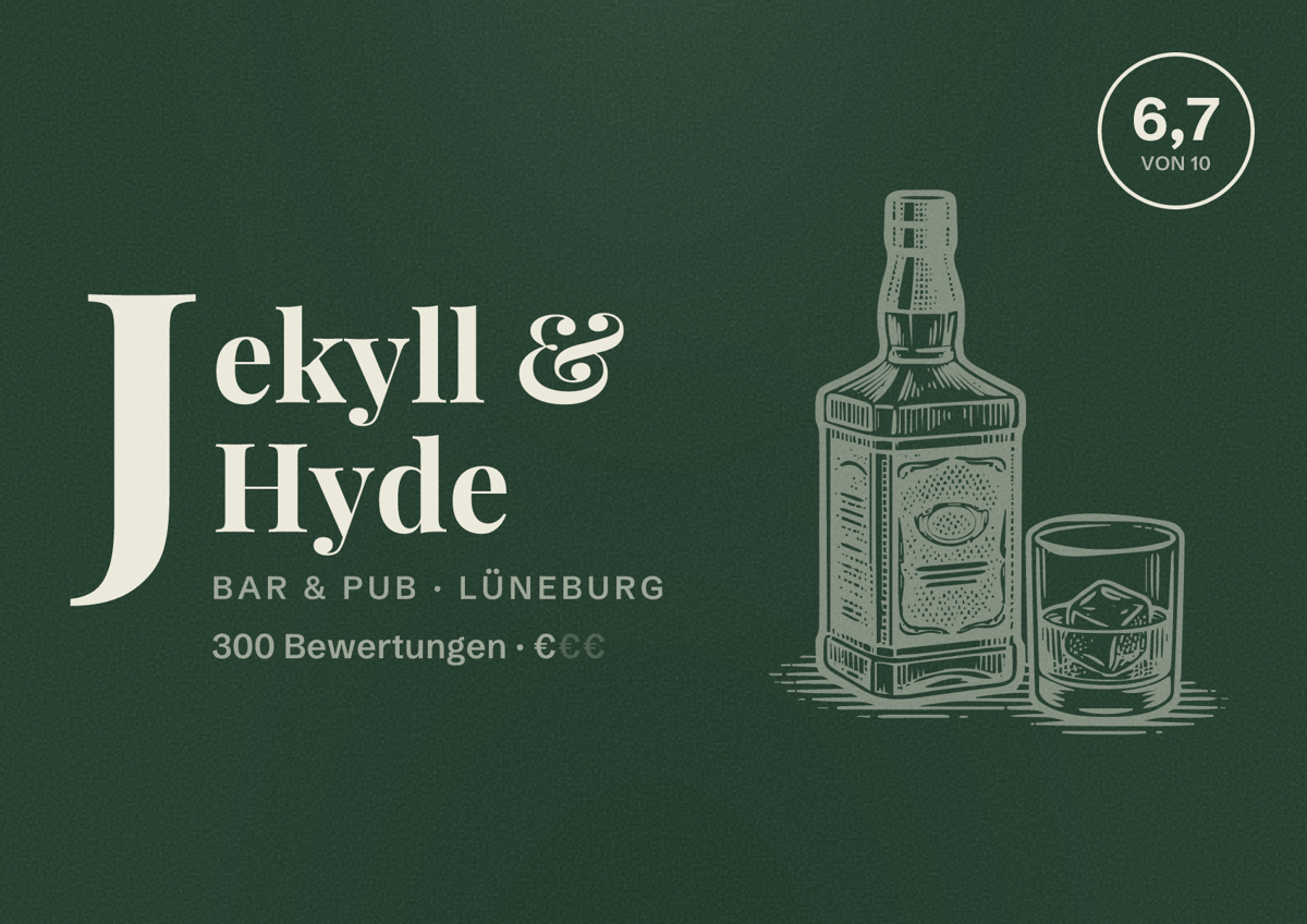 Illustriertes Poster von Jekyll & Hyde, Bar & Pub in Lüneburg: Bewertung 6,7 von 10 aus 300 Bewertungen, Preisniveau €