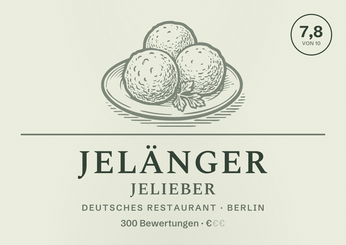 Illustriertes Poster von Jelänger Jelieber, Deutsches Restaurant in Berlin: Bewertung 7,8 von 10 aus 300 Bewertungen, Preisniveau €