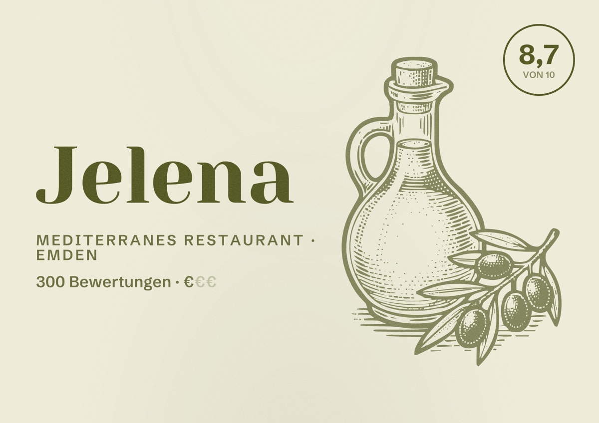 Illustriertes Poster von Jelena, Mediterranes Restaurant in Emden: Bewertung 8,7 von 10 aus 300 Bewertungen, Preisniveau €