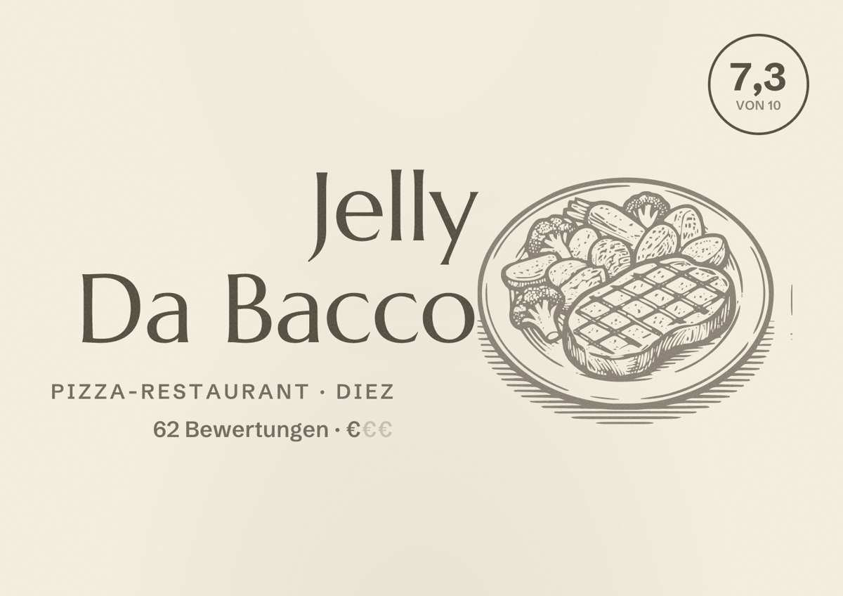 Illustriertes Poster von Jelly Da Bacco, Pizza-Restaurant in Diez: Bewertung 7,3 von 10 aus 62 Bewertungen, Preisniveau €