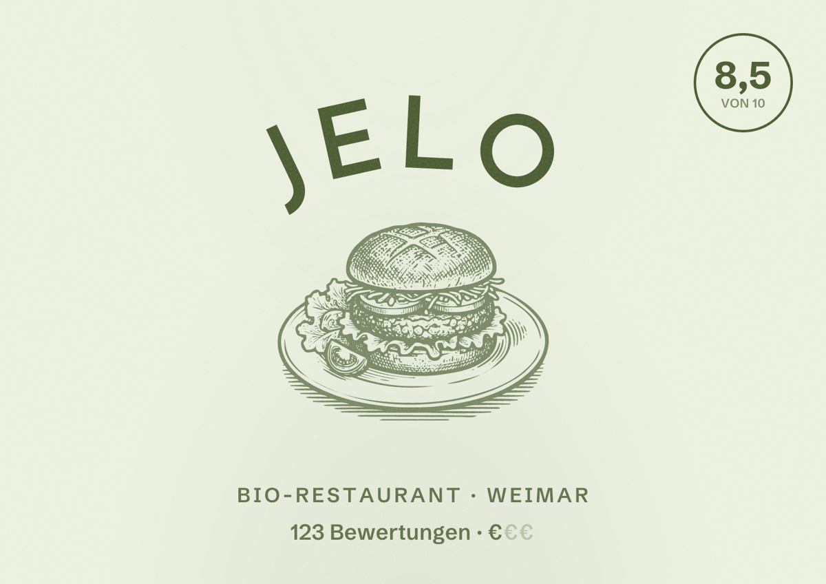 Illustriertes Poster von Jelo, Bio-Restaurant in Weimar: Bewertung 8,5 von 10 aus 123 Bewertungen, Preisniveau €