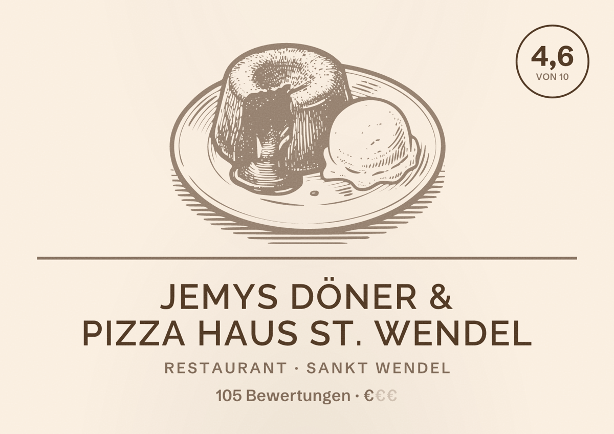 Illustriertes Poster von Jemys Döner & Pizza Haus St. Wendel, Restaurant in Sankt Wendel: Bewertung 4,6 von 10 aus 105 Bewertungen, Preisniveau €