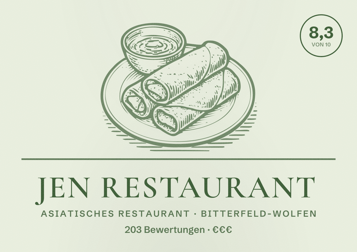 Illustriertes Poster von Jen Restaurant, Asiatisches Restaurant in Bitterfeld-Wolfen: Bewertung 8,3 von 10 aus 203 Bewertungen, Preisniveau €€€