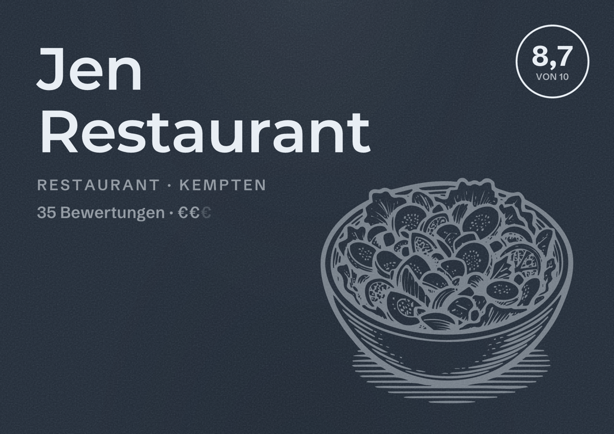 Illustriertes Poster von Jen Restaurant, Restaurant in Kempten: Bewertung 8,7 von 10 aus 35 Bewertungen, Preisniveau €€