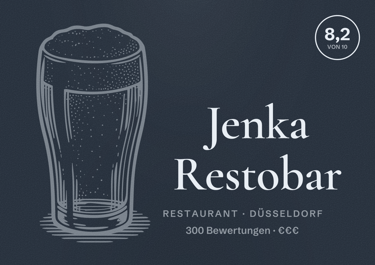 Illustriertes Poster von Jenka Restobar, Restaurant in Düsseldorf: Bewertung 8,2 von 10 aus 300 Bewertungen, Preisniveau €€€
