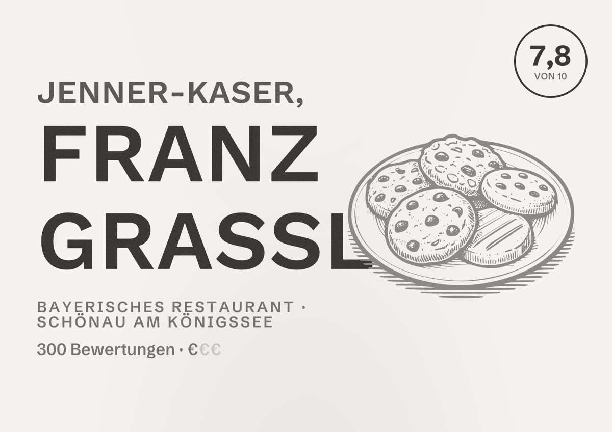 Illustriertes Poster von Jenner-Kaser, Franz Graßl, Bayerisches Restaurant in Schönau am Königssee: Bewertung 7,8 von 10 aus 300 Bewertungen, Preisniveau €