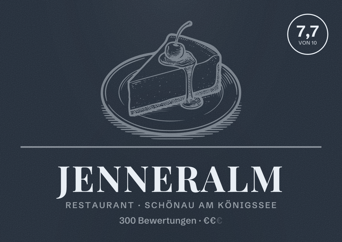 Illustriertes Poster von Jenneralm, Restaurant in Schönau am Königssee: Bewertung 7,7 von 10 aus 300 Bewertungen, Preisniveau €€