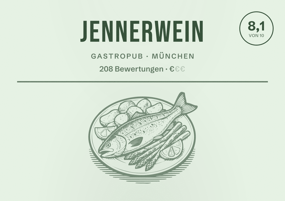 Illustriertes Poster von Jennerwein, Gastropub in München: Bewertung 8,1 von 10 aus 208 Bewertungen, Preisniveau €