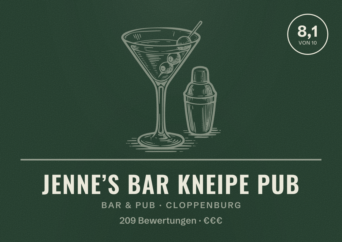Illustriertes Poster von Jenne’s Bar Kneipe Pub, Bar & Pub in Cloppenburg: Bewertung 8,1 von 10 aus 209 Bewertungen, Preisniveau €€€