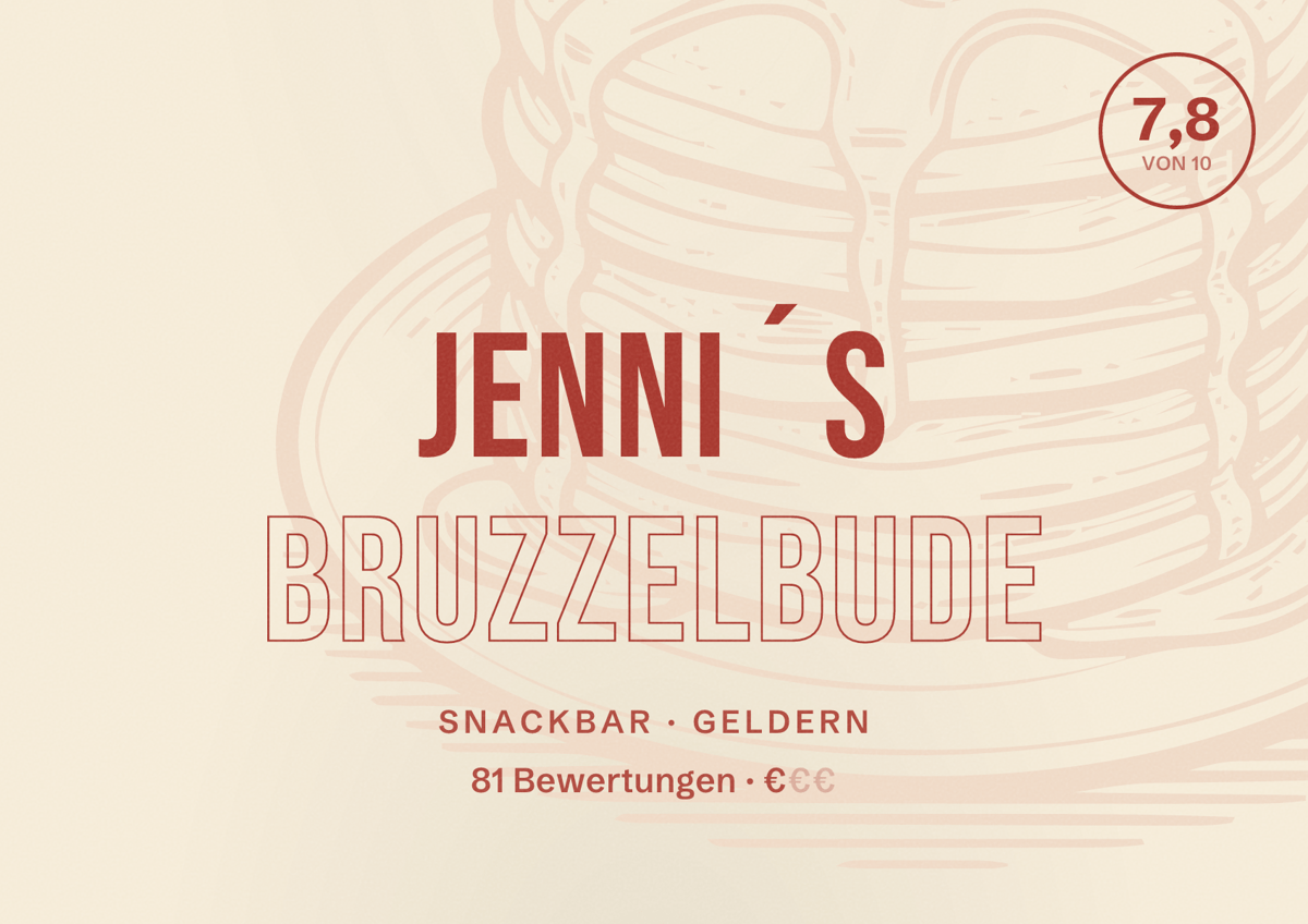 Illustriertes Poster von Jenni´S Bruzzelbude, Snackbar in Geldern: Bewertung 7,8 von 10 aus 81 Bewertungen, Preisniveau €