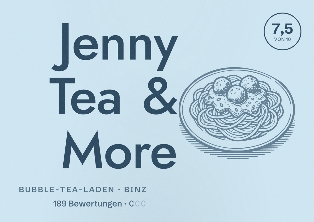Illustriertes Poster von Jenny Tea & More, Bubble-Tea-Laden in Binz: Bewertung 7,5 von 10 aus 189 Bewertungen, Preisniveau €