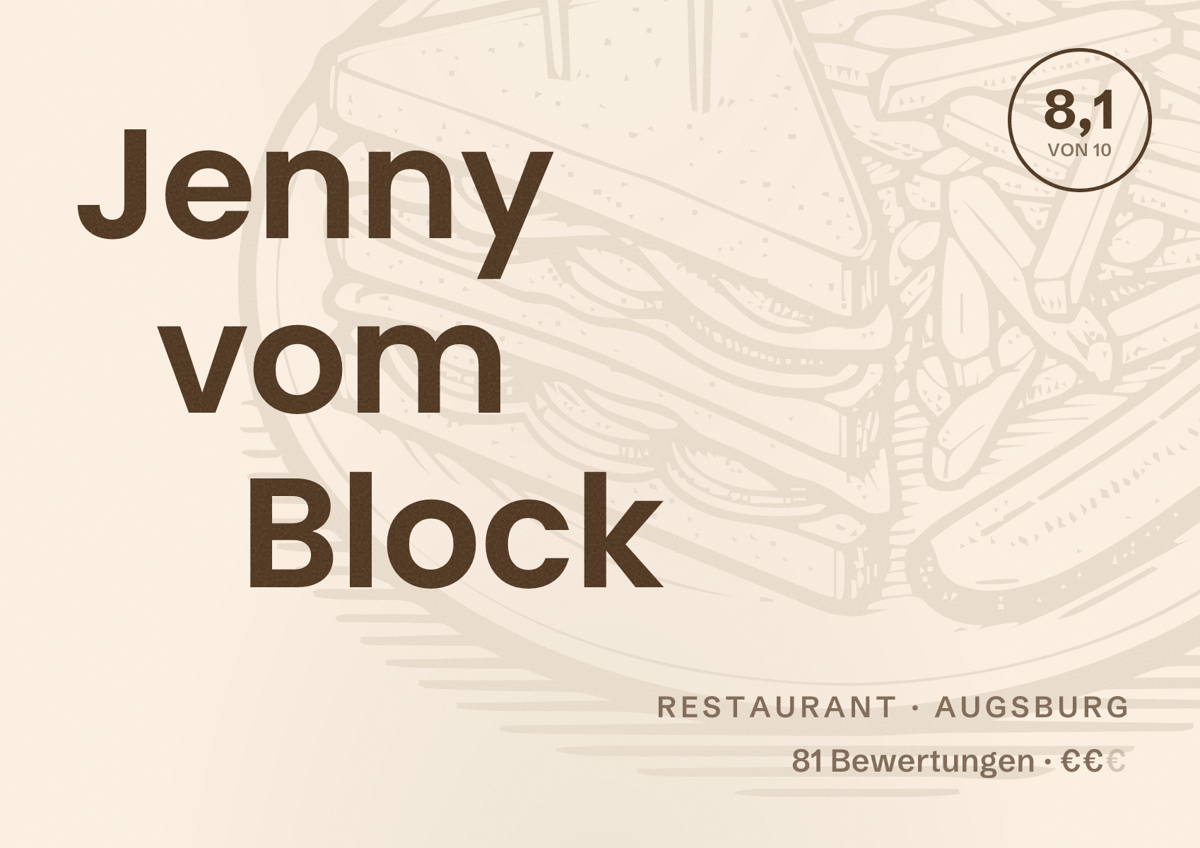 Illustriertes Poster von Jenny vom Block, Restaurant in Augsburg: Bewertung 8,1 von 10 aus 81 Bewertungen, Preisniveau €€