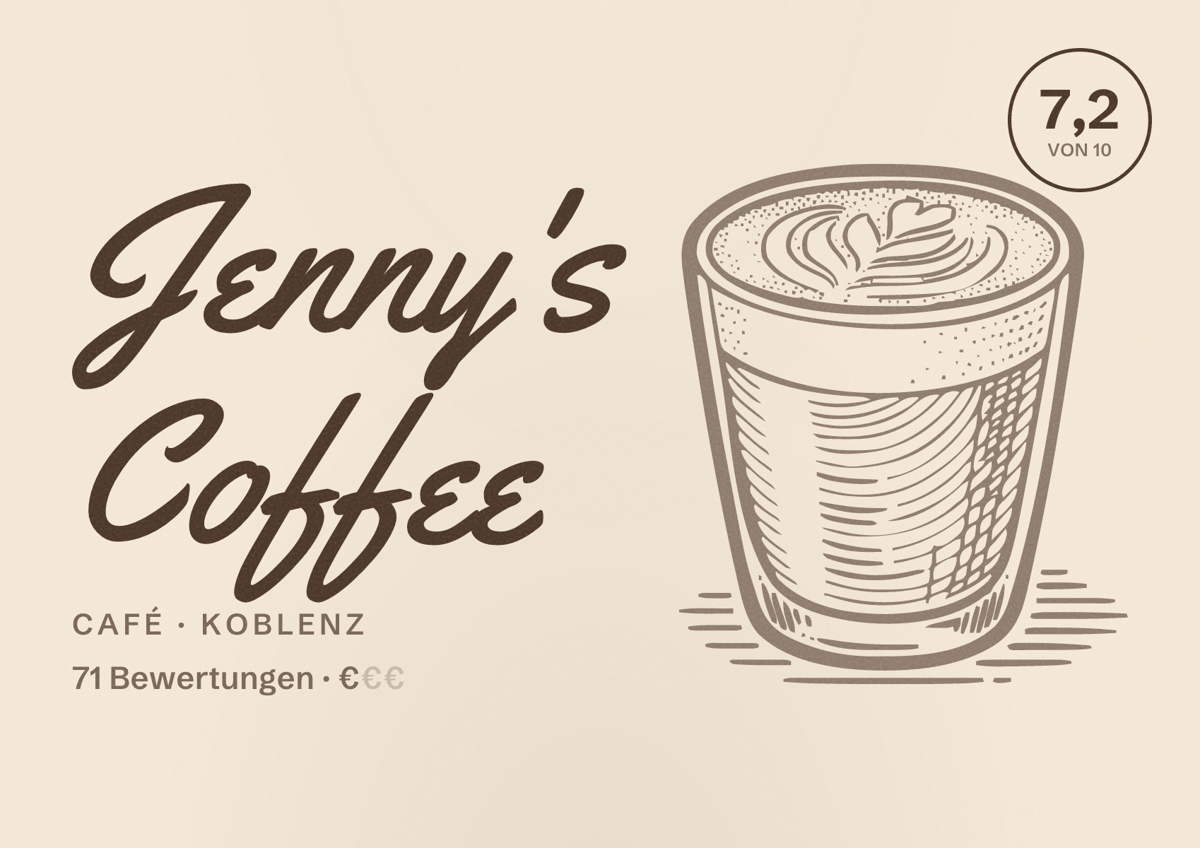 Illustriertes Poster von Jenny's Coffee, Café in Koblenz: Bewertung 7,2 von 10 aus 71 Bewertungen, Preisniveau €