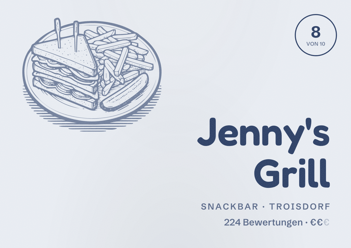 Illustriertes Poster von Jenny's Grill, Snackbar in Troisdorf: Bewertung 8 von 10 aus 224 Bewertungen, Preisniveau €€