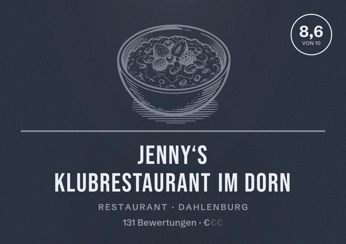 Illustriertes Poster von Jenny‘s Klubrestaurant im Dorn, Restaurant in Dahlenburg: Bewertung 8,6 von 10 aus 131 Bewertungen, Preisniveau €