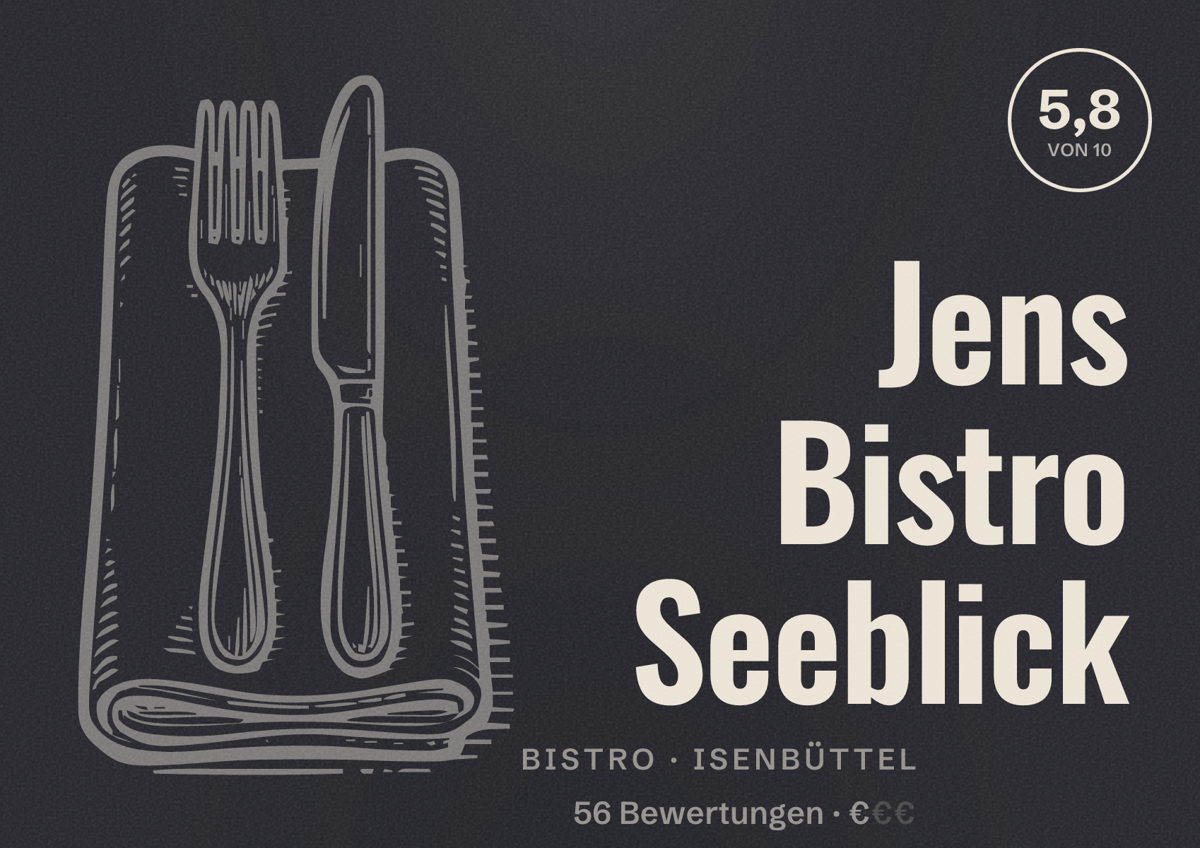Illustriertes Poster von Jens Bistro Seeblick, Bistro in Isenbüttel: Bewertung 5,8 von 10 aus 56 Bewertungen, Preisniveau €