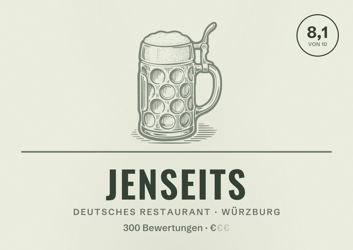 Illustriertes Poster von Jenseits, Deutsches Restaurant in Würzburg: Bewertung 8,1 von 10 aus 300 Bewertungen, Preisniveau €