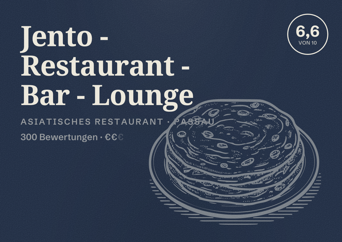 Illustriertes Poster von Jento - Restaurant - Bar - Lounge, Asiatisches Restaurant in Passau: Bewertung 6,6 von 10 aus 300 Bewertungen, Preisniveau €€