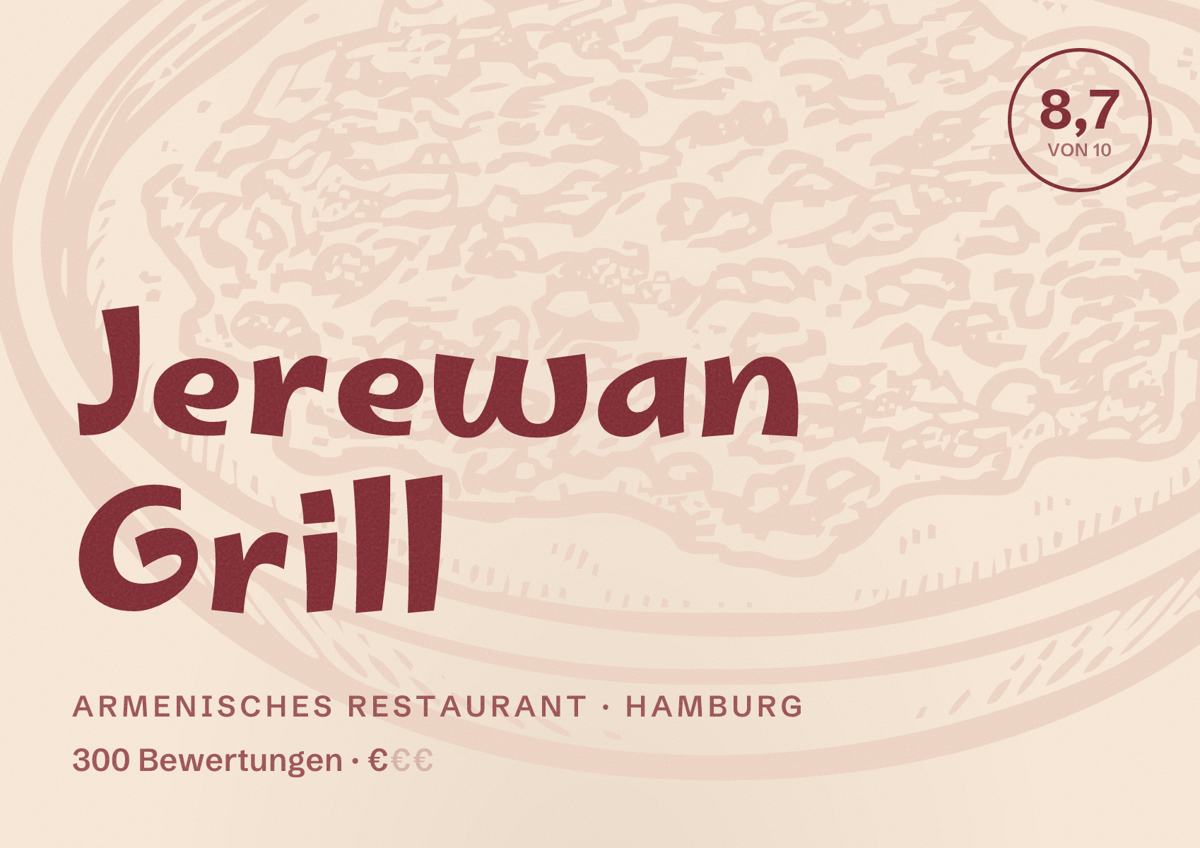 Illustriertes Poster von Jerewan Grill, Armenisches Restaurant in Hamburg: Bewertung 8,7 von 10 aus 300 Bewertungen, Preisniveau €
