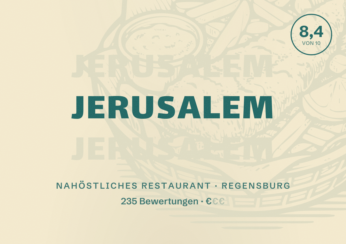 Illustriertes Poster von Jerusalem, Nahöstliches Restaurant in Regensburg: Bewertung 8,4 von 10 aus 235 Bewertungen, Preisniveau €
