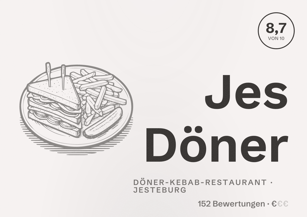 Illustriertes Poster von Jes Döner, Döner-Kebab-Restaurant in Jesteburg: Bewertung 8,7 von 10 aus 152 Bewertungen, Preisniveau €