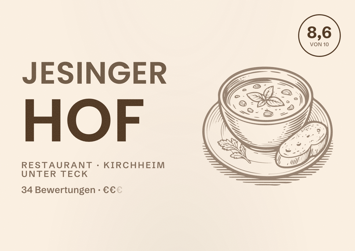 Illustriertes Poster von Jesinger Hof, Restaurant in Kirchheim unter Teck: Bewertung 8,6 von 10 aus 34 Bewertungen, Preisniveau €€