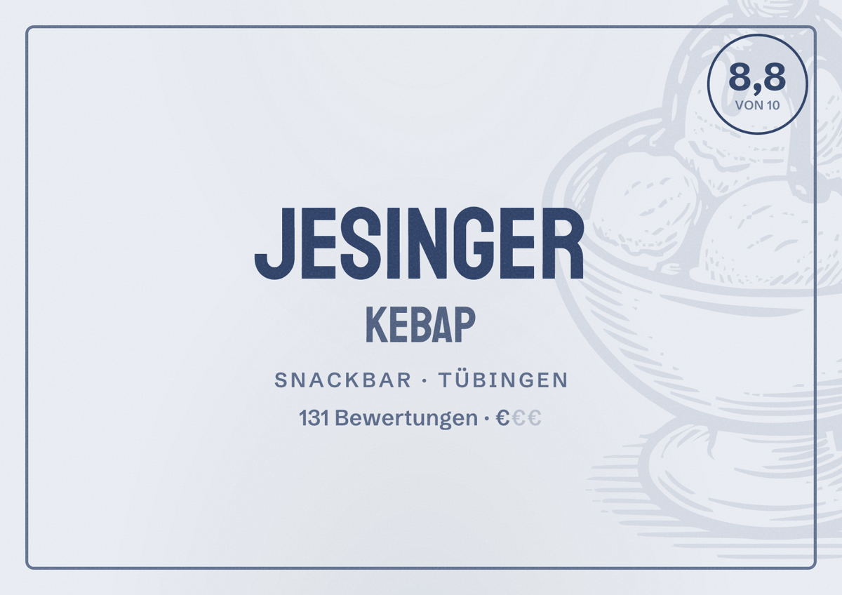 Illustriertes Poster von Jesinger Kebap, Snackbar in Tübingen: Bewertung 8,8 von 10 aus 131 Bewertungen, Preisniveau €