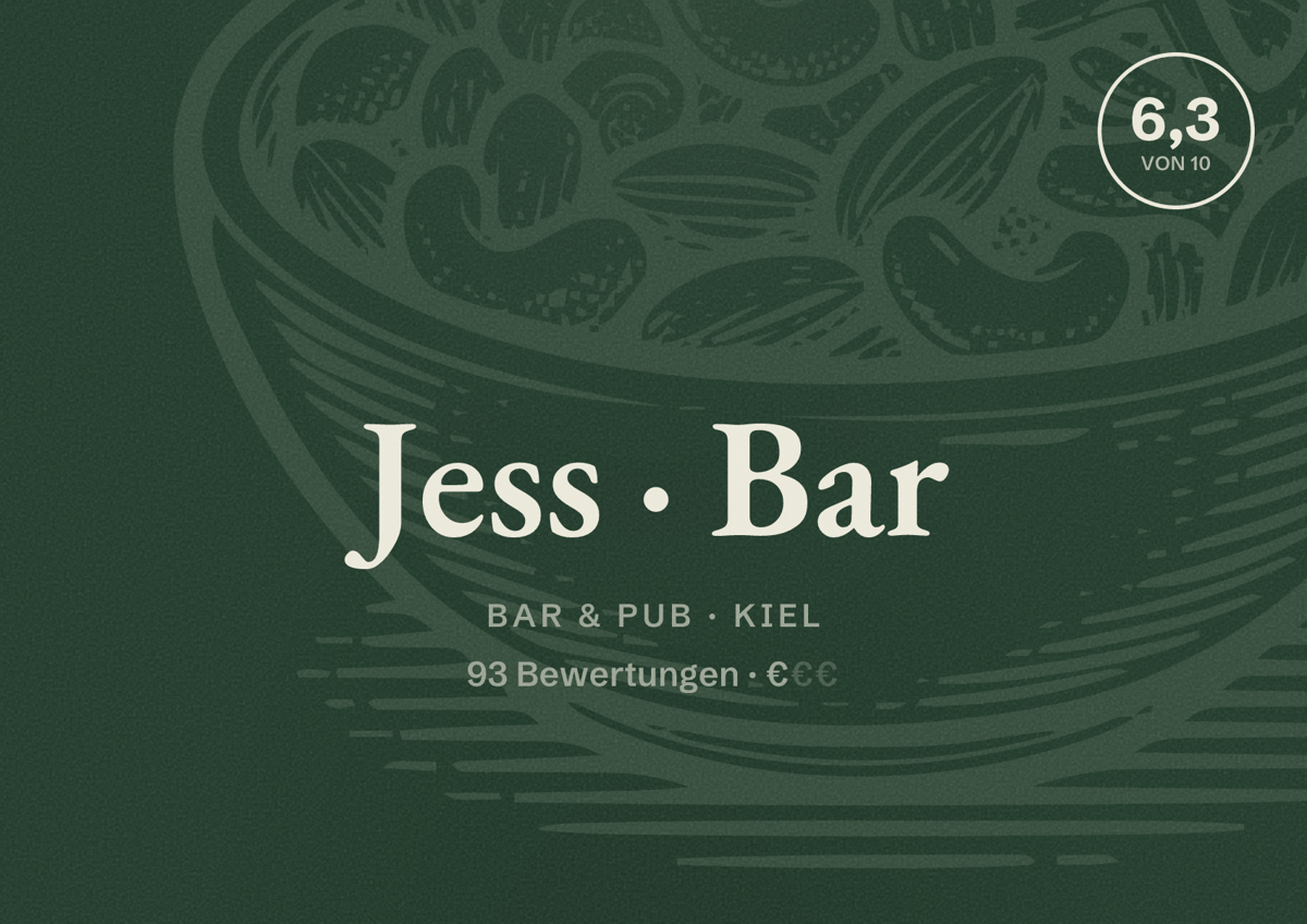 Illustriertes Poster von Jess Bar, Bar & Pub in Kiel: Bewertung 6,3 von 10 aus 93 Bewertungen, Preisniveau €