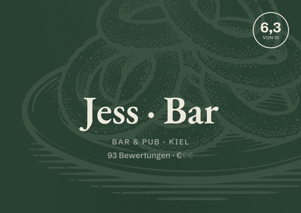 Illustriertes Poster von Jess Bar, Bar & Pub in Kiel: Bewertung 6,3 von 10 aus 93 Bewertungen, Preisniveau €