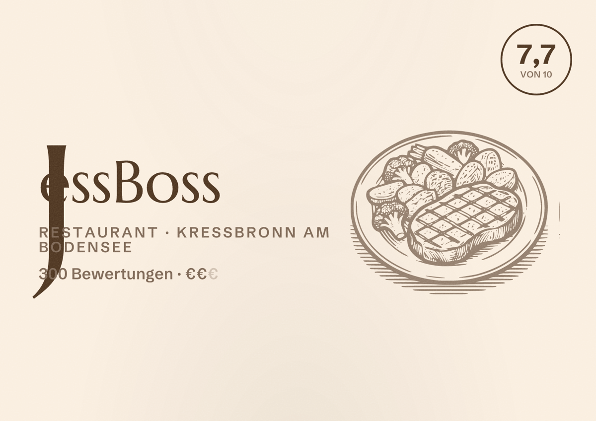 Illustriertes Poster von JessBoss, Restaurant in Kressbronn am Bodensee: Bewertung 7,7 von 10 aus 300 Bewertungen, Preisniveau €€