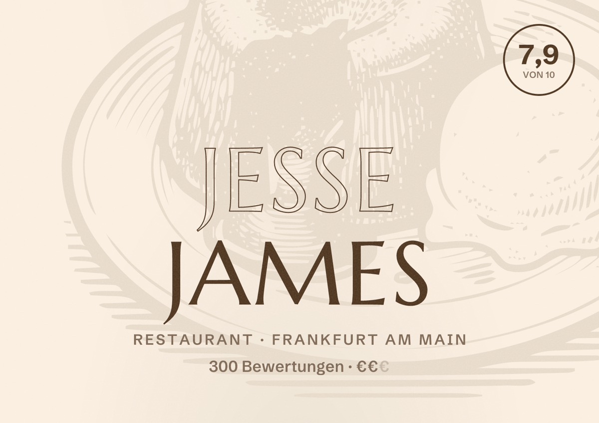 Illustriertes Poster von Jesse James, Restaurant in Frankfurt am Main: Bewertung 7,9 von 10 aus 300 Bewertungen, Preisniveau €€
