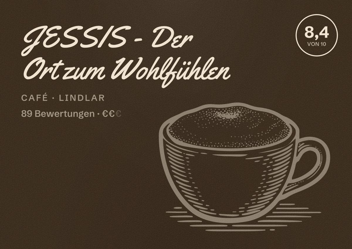 Illustriertes Poster von JESSIS - Der Ort zum Wohlfühlen, Café in Lindlar: Bewertung 8,4 von 10 aus 89 Bewertungen, Preisniveau €€