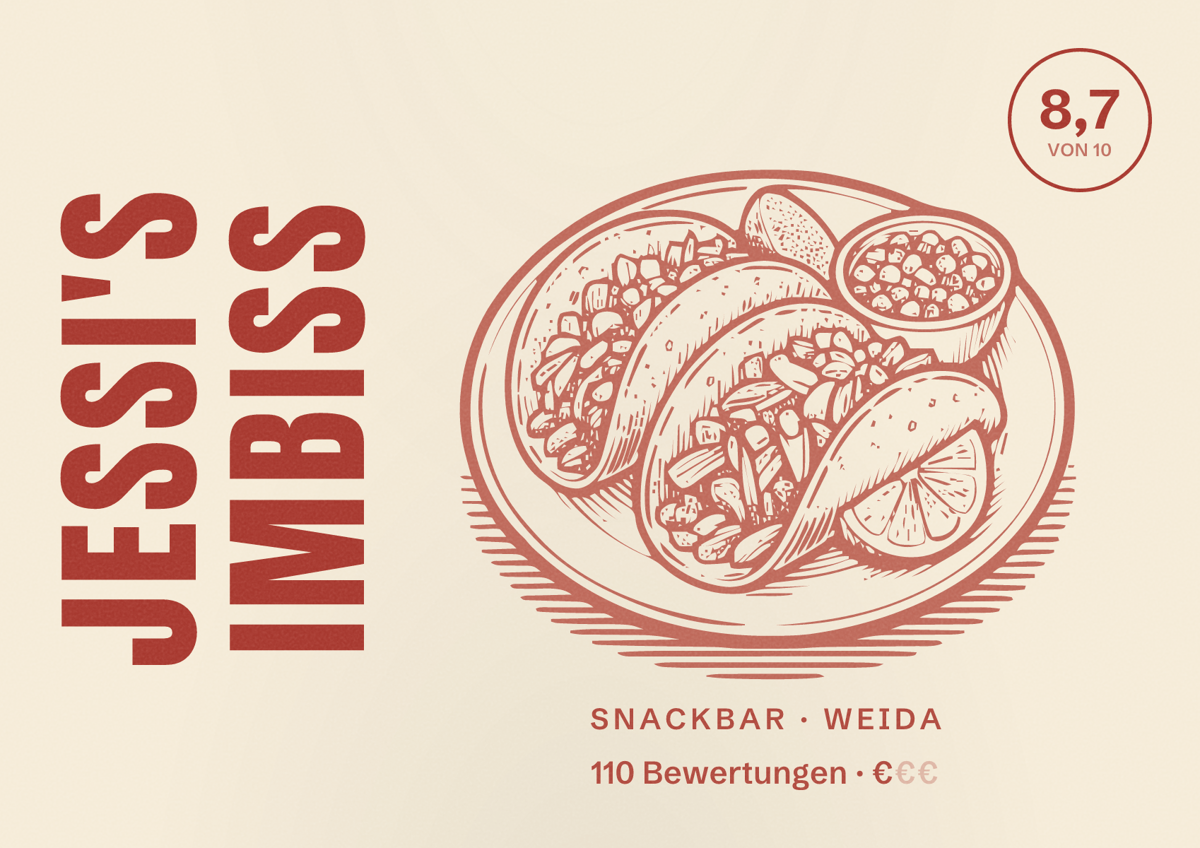 Illustriertes Poster von Jessi's Imbiss, Snackbar in Weida: Bewertung 8,7 von 10 aus 110 Bewertungen, Preisniveau €