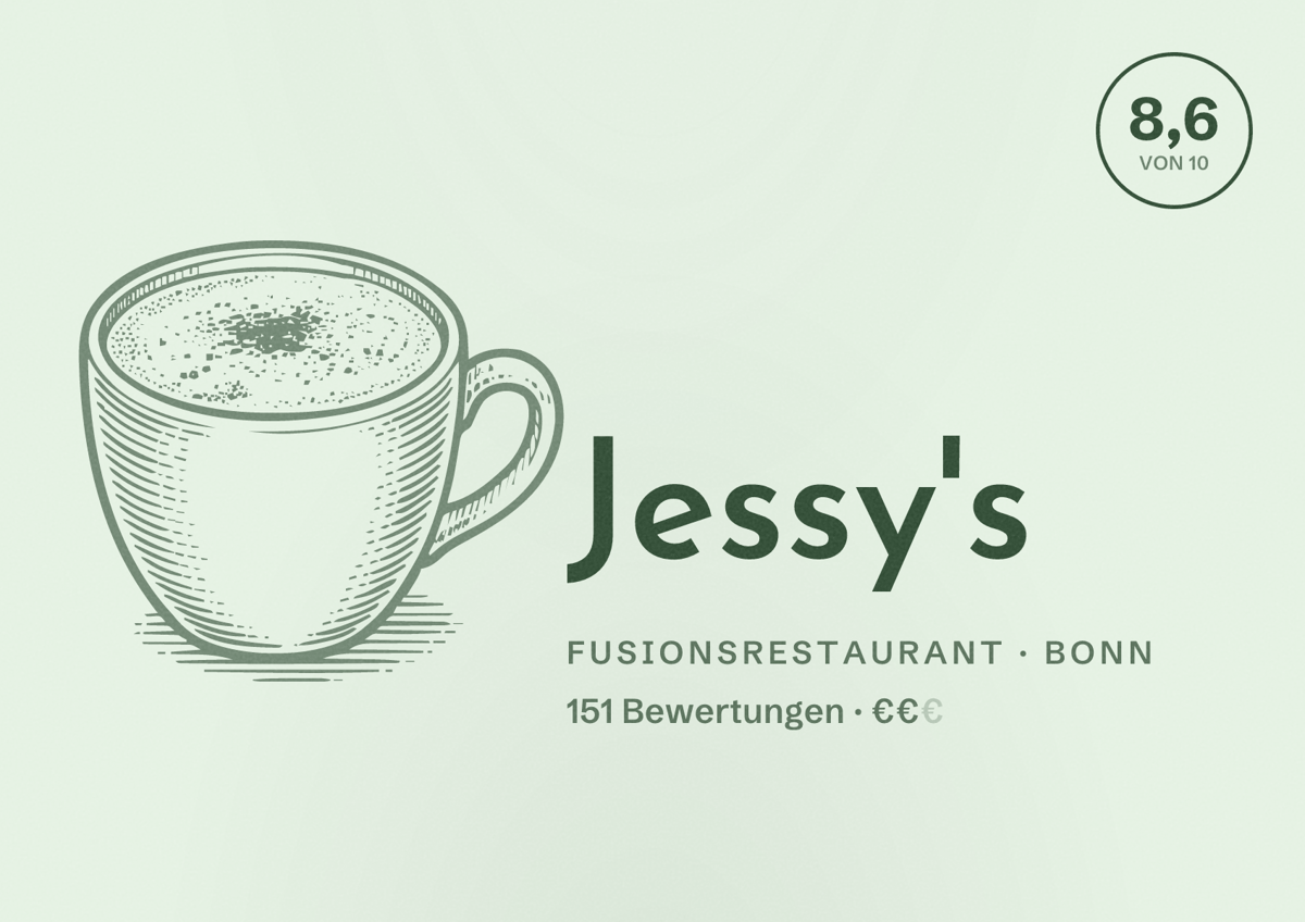 Illustriertes Poster von Jessy's, Fusionsrestaurant in Bonn: Bewertung 8,6 von 10 aus 151 Bewertungen, Preisniveau €€