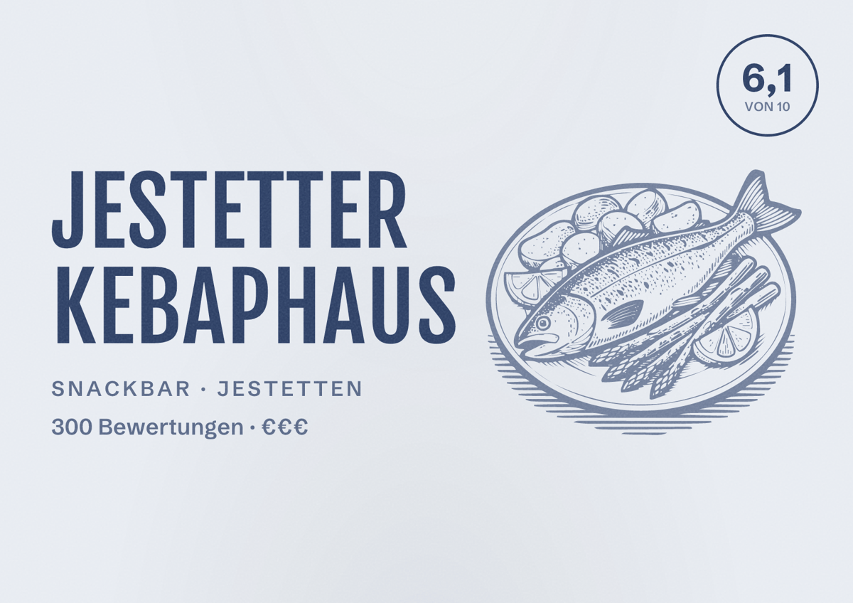 Illustriertes Poster von Jestetter Kebaphaus, Snackbar in Jestetten: Bewertung 6,1 von 10 aus 300 Bewertungen, Preisniveau €€€