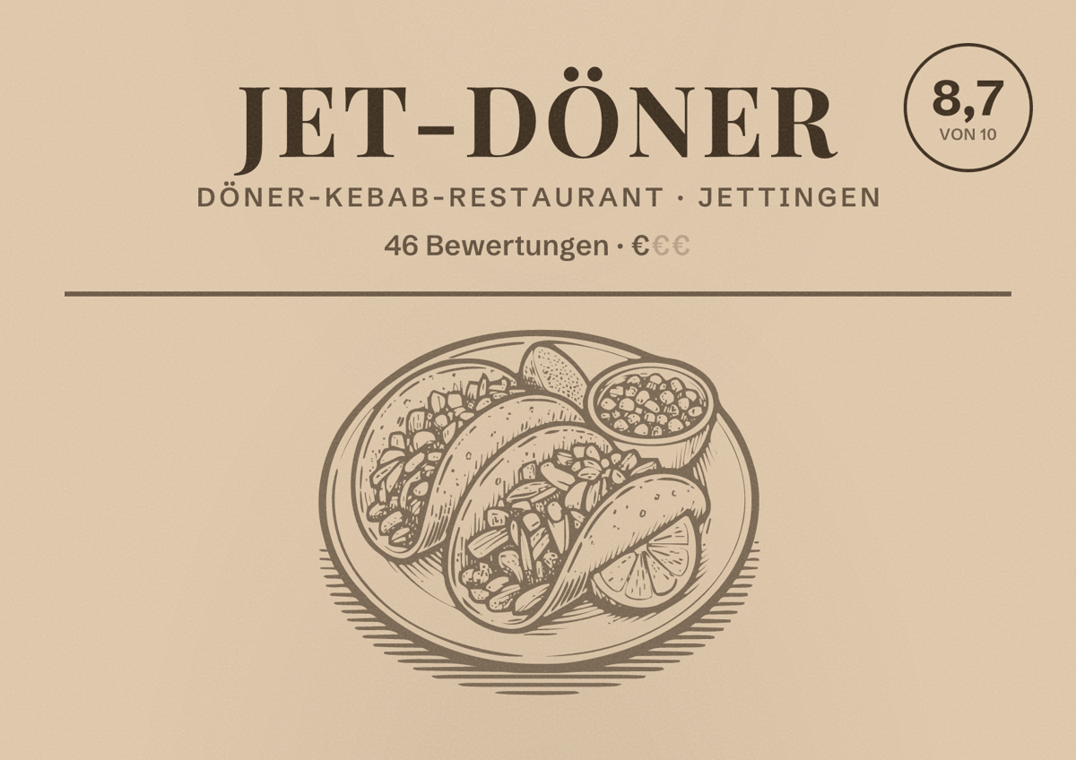 Illustriertes Poster von Jet-Döner, Döner-Kebab-Restaurant in Jettingen: Bewertung 8,7 von 10 aus 46 Bewertungen, Preisniveau €