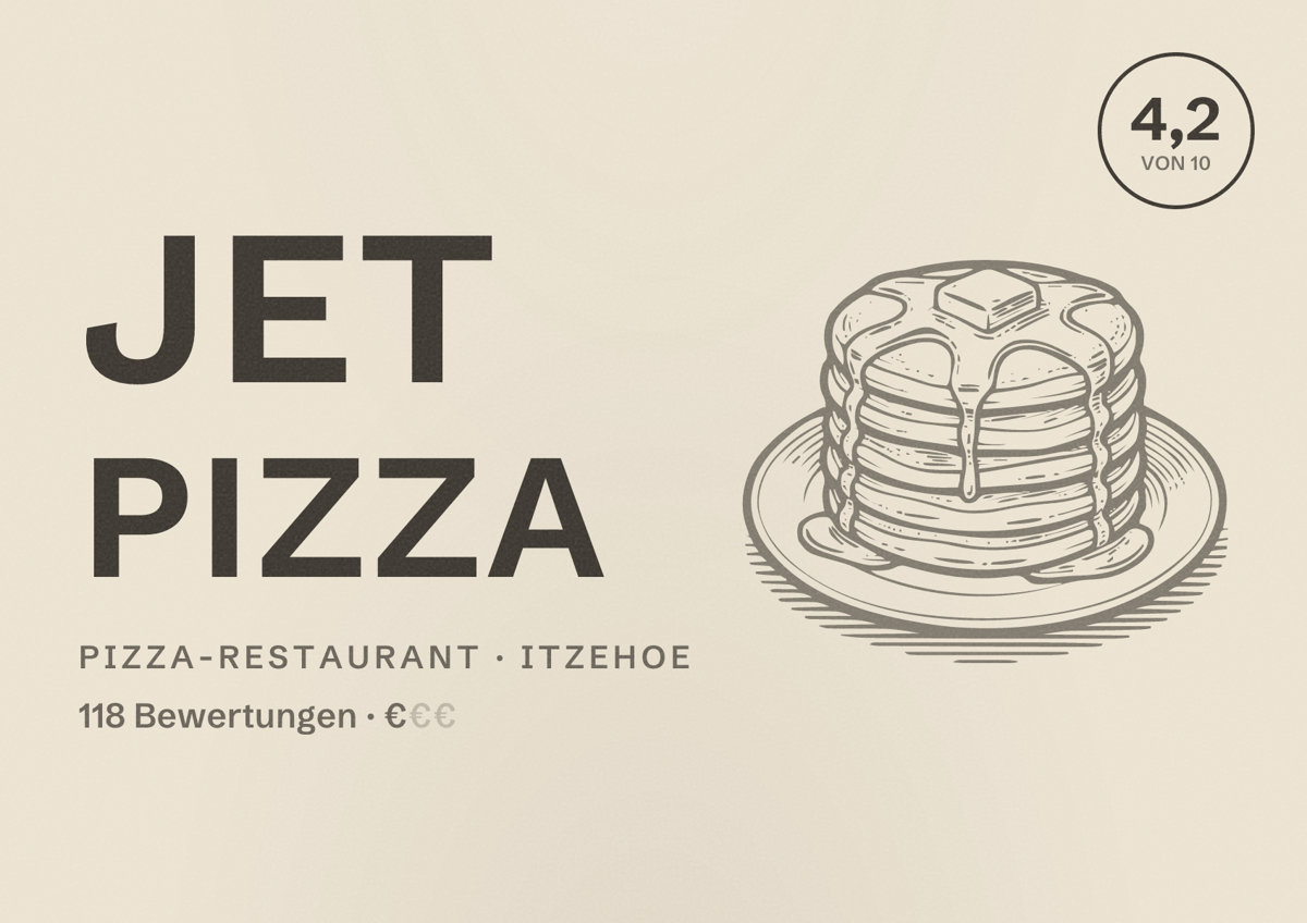 Illustriertes Poster von Jet Pizza, Pizza-Restaurant in Itzehoe: Bewertung 4,2 von 10 aus 118 Bewertungen, Preisniveau €
