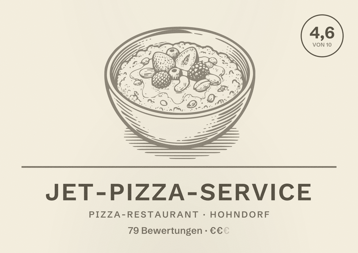 Illustriertes Poster von Jet-Pizza-Service, Pizza-Restaurant in Hohndorf: Bewertung 4,6 von 10 aus 79 Bewertungen, Preisniveau €€