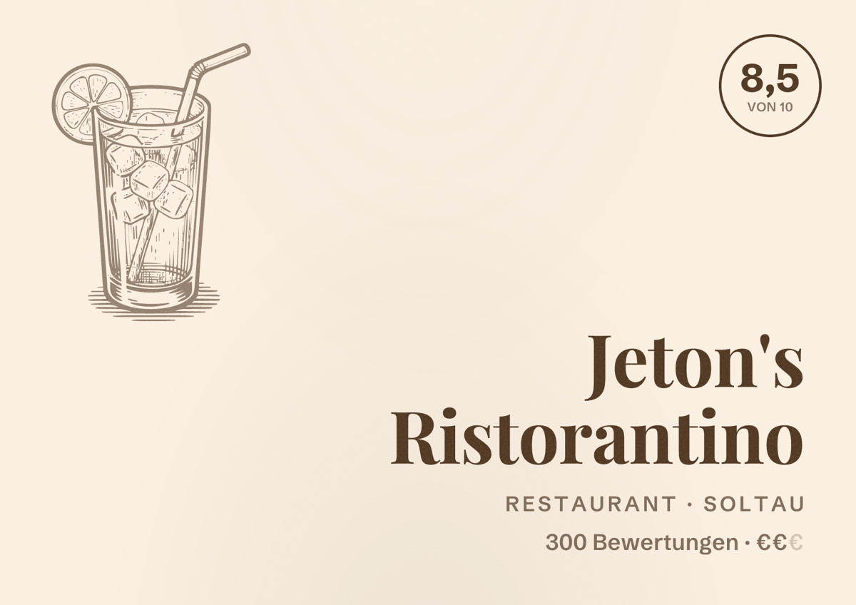 Illustriertes Poster von Jeton's Ristorantino, Restaurant in Soltau: Bewertung 8,5 von 10 aus 300 Bewertungen, Preisniveau €€