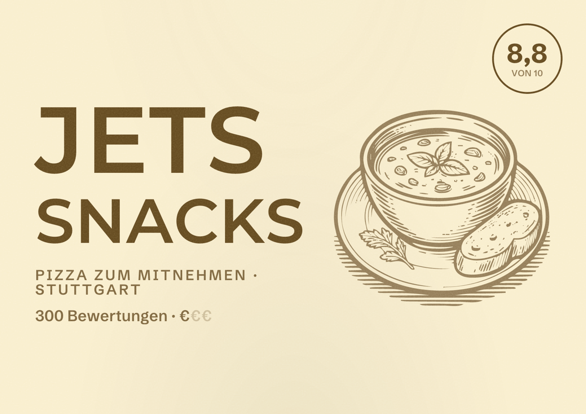 Illustriertes Poster von JETS Snacks, Pizza zum Mitnehmen in Stuttgart: Bewertung 8,8 von 10 aus 300 Bewertungen, Preisniveau €
