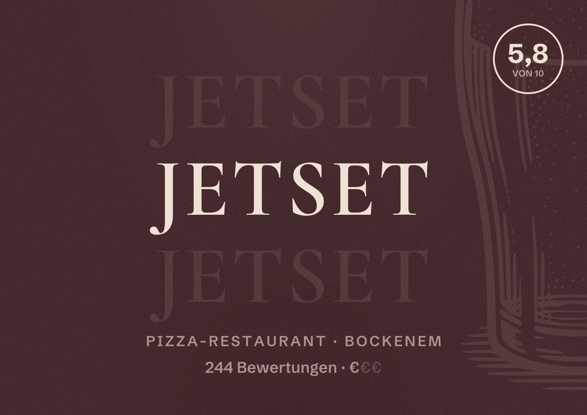 Illustriertes Poster von Jetset, Pizza-Restaurant in Bockenem: Bewertung 5,8 von 10 aus 244 Bewertungen, Preisniveau €
