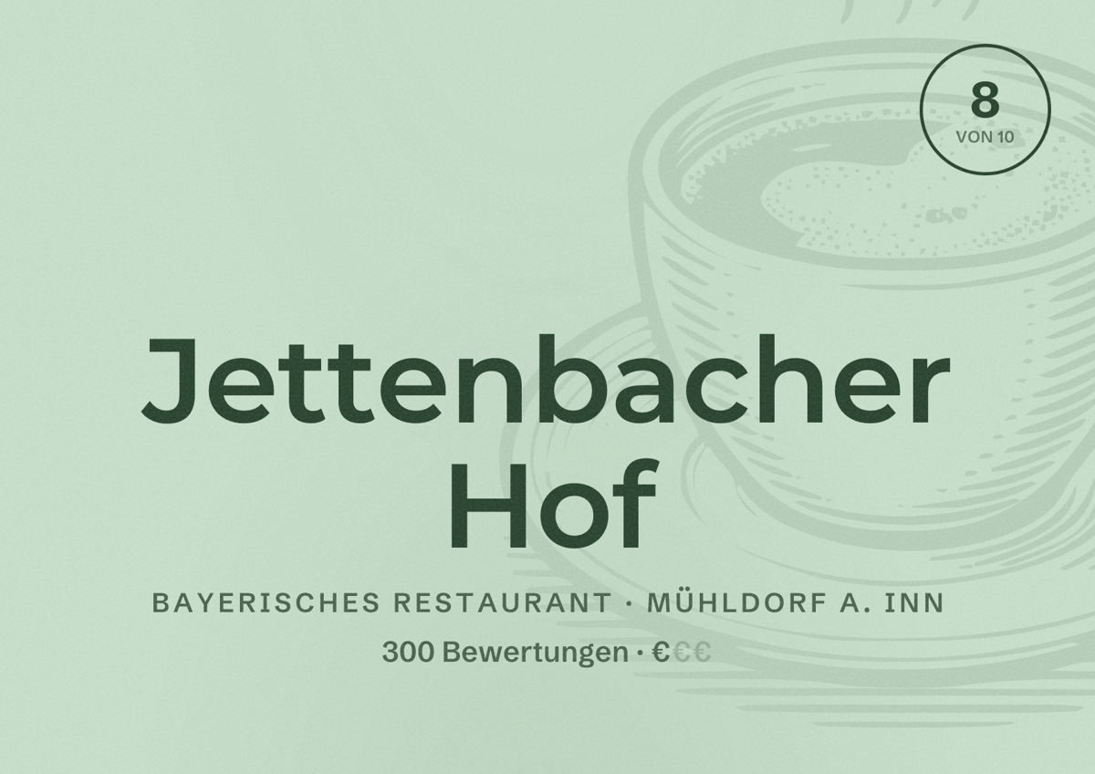Illustriertes Poster von Jettenbacher Hof, Bayerisches Restaurant in Mühldorf a. Inn: Bewertung 8 von 10 aus 300 Bewertungen, Preisniveau €