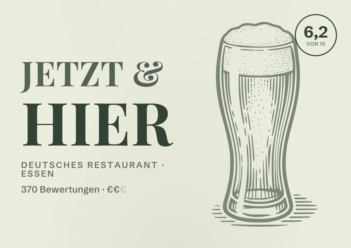 Illustriertes Poster von Jetzt & Hier, Deutsches Restaurant in Essen: Bewertung 6,2 von 10 aus 370 Bewertungen, Preisniveau €€