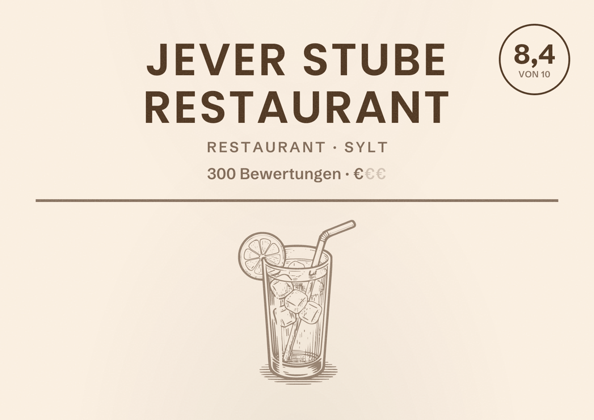 Illustriertes Poster von Jever Stube restaurant, Restaurant in Sylt: Bewertung 8,4 von 10 aus 300 Bewertungen, Preisniveau €