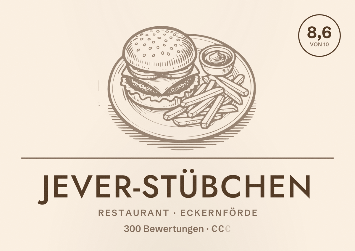 Illustriertes Poster von Jever-Stübchen, Restaurant in Eckernförde: Bewertung 8,6 von 10 aus 300 Bewertungen, Preisniveau €€