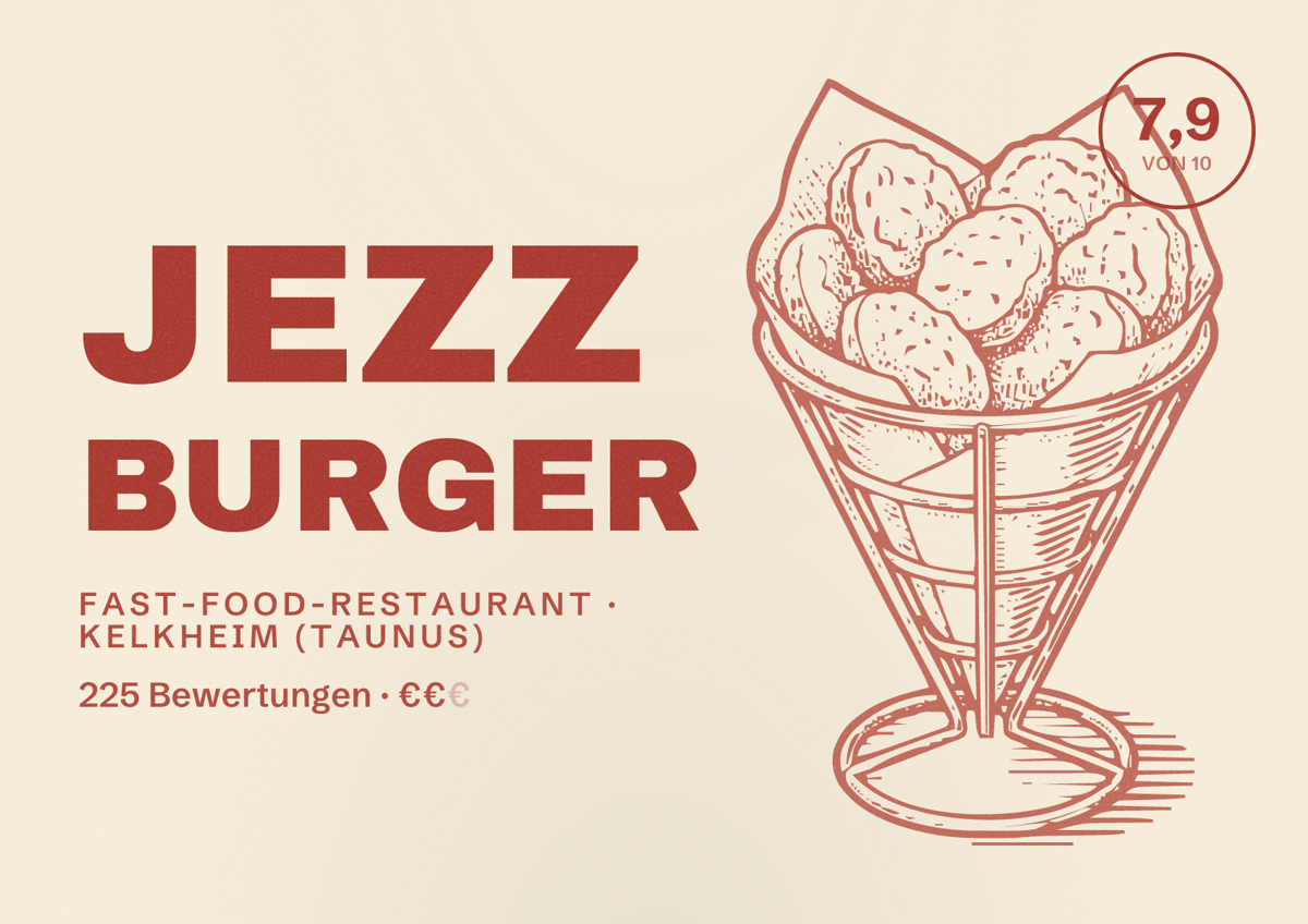 Illustriertes Poster von Jezz Burger, Fast-Food-Restaurant in Kelkheim (Taunus): Bewertung 7,9 von 10 aus 225 Bewertungen, Preisniveau €€