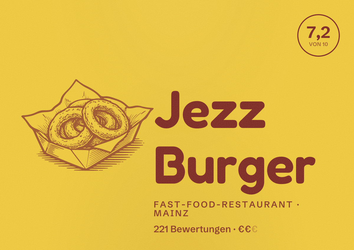 Illustriertes Poster von Jezz Burger, Fast-Food-Restaurant in Mainz: Bewertung 7,2 von 10 aus 221 Bewertungen, Preisniveau €€
