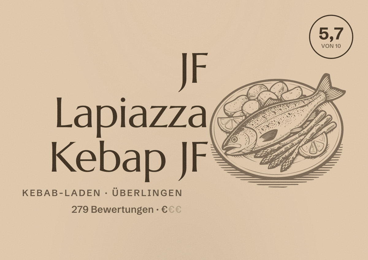 Illustriertes Poster von JF Lapiazza Kebap JF, Kebab-Laden in Überlingen: Bewertung 5,7 von 10 aus 279 Bewertungen, Preisniveau €